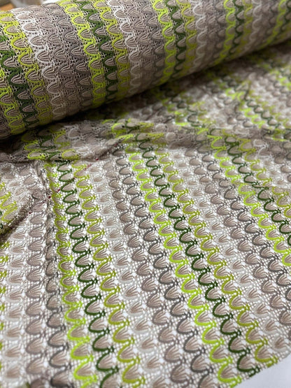 Beige Green Zigzag Knit Jersey Mesh Fabric for Clothing and Crafts