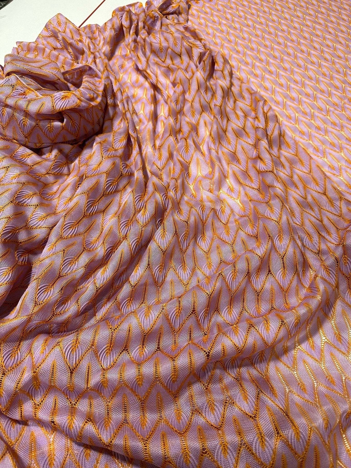 Zigzag Knit Jersey Mesh Fabric in Lilac and Orange for Crafting and Fashion
