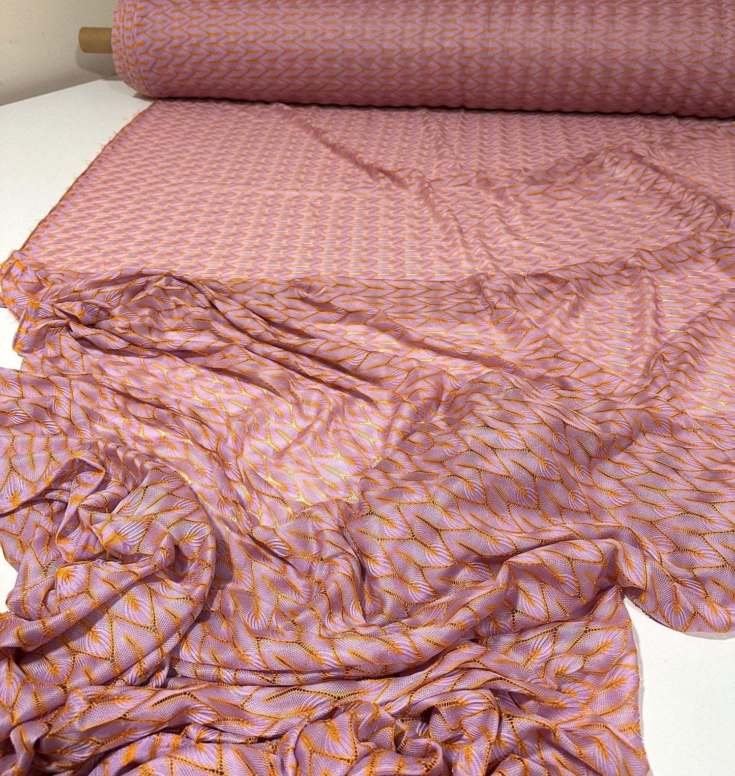 Zigzag Knit Jersey Mesh Fabric in Lilac and Orange for Crafting and Fashion