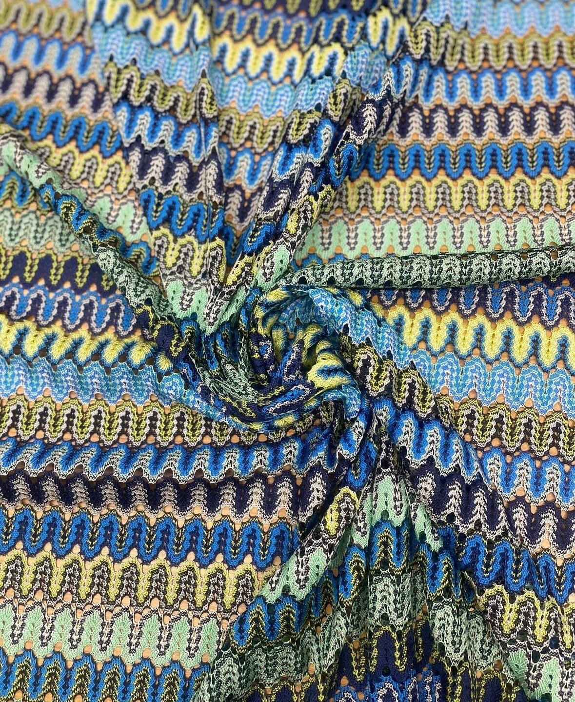 Zigzag Pattern Mesh Fabric in Yellow and Blue for Crafting and Fashion