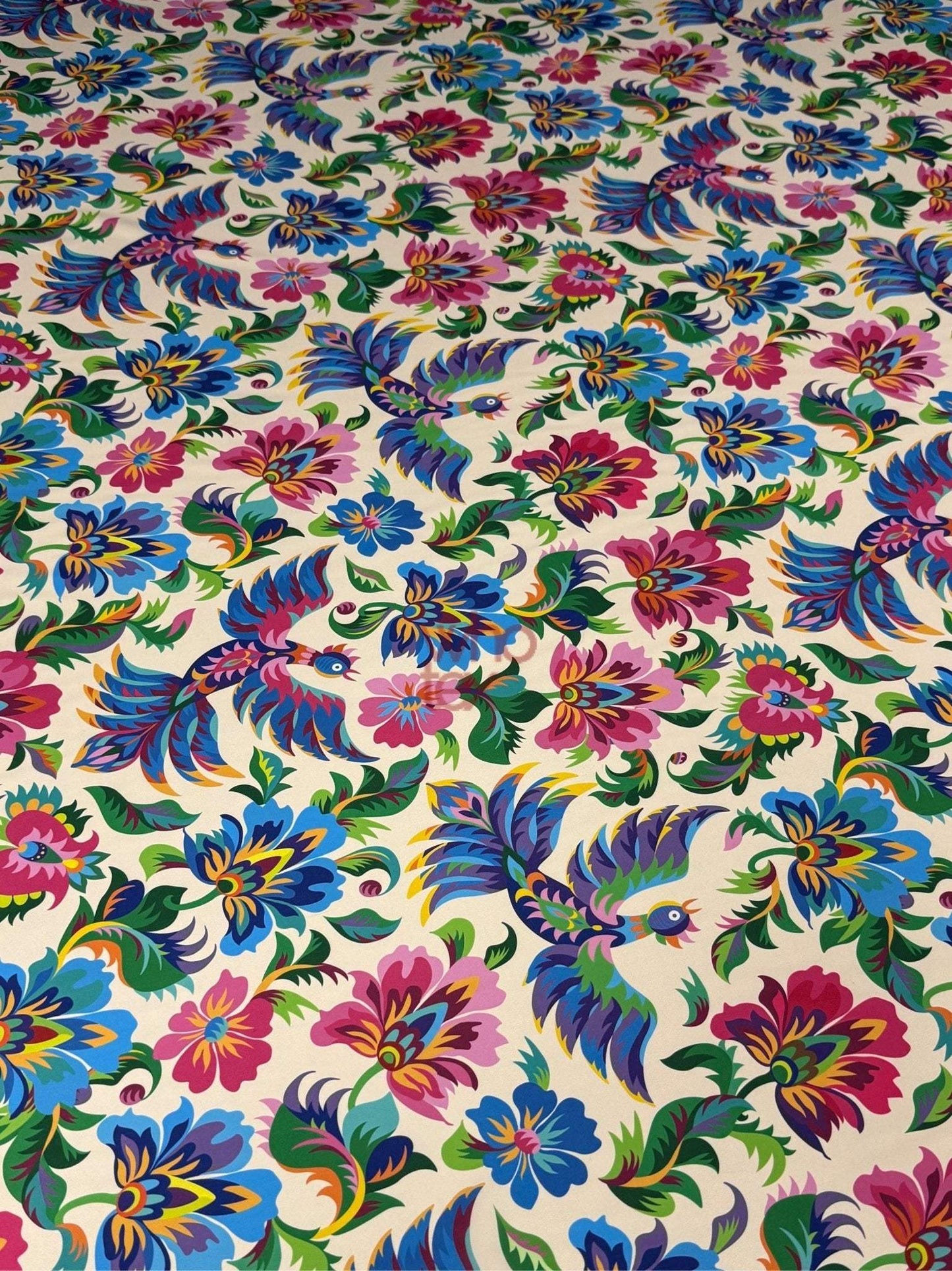 Otomi Bird Fabric – Fabric by Metre, Options: Satin, Crepe, Spandex, Chiffon