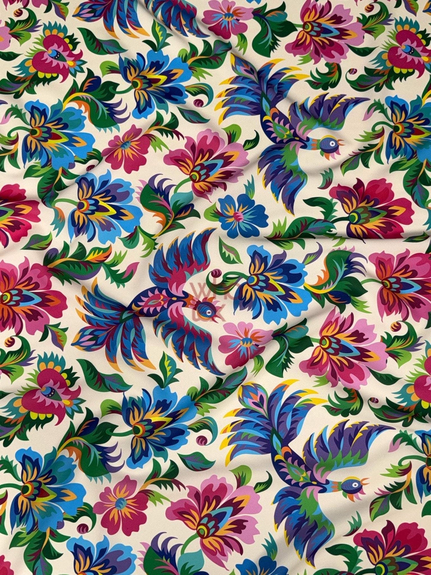 Otomi Bird Fabric – Fabric by Metre, Options: Satin, Crepe, Spandex, Chiffon
