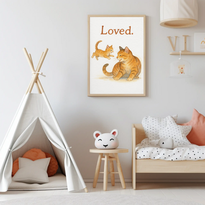 Loved Cat Family Playful Kitten Watercolour Nursery Children's Room Wall Decor Print