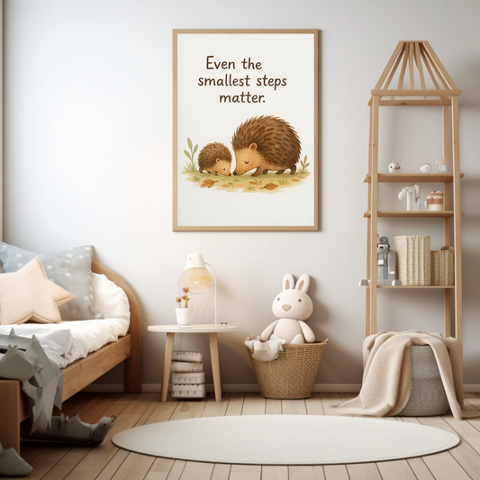 Even the Smallest Steps Matter Hedgehog Family Watercolour Nursery Children's Room Wall Decor Print
