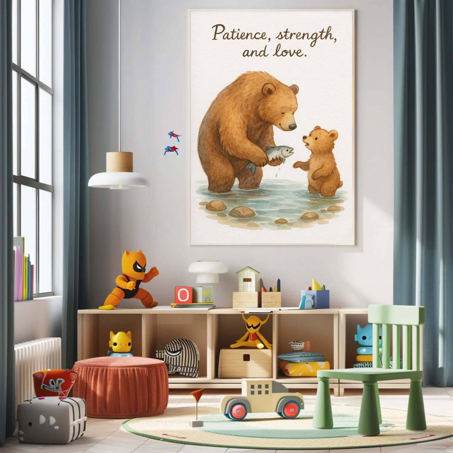 Patience Strength & Love Bear Family Watercolour Nursery Children's Room Wall Decor Print