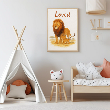 Loved Lion & Cub Nursery Children's Room Wall Decor Print