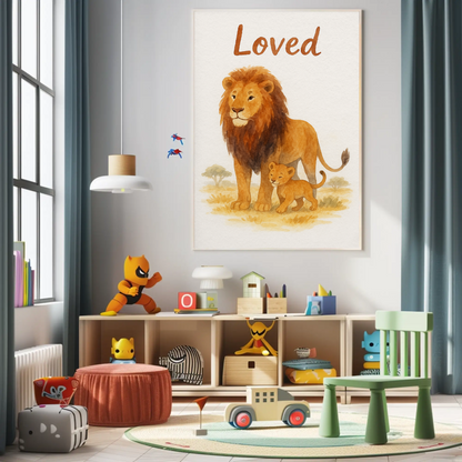 Loved Lion & Cub Nursery Children's Room Wall Decor Print
