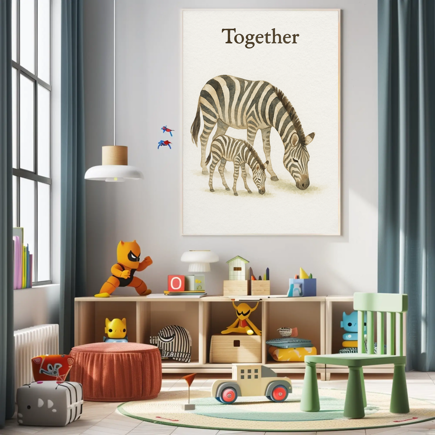 Together Zebra Family Safari Watercolour Nursery Children's Room Wall Decor Print