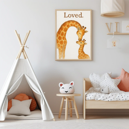 Loved Giraffe Family Watercolour Nursery Children's Room Wall Decor Print