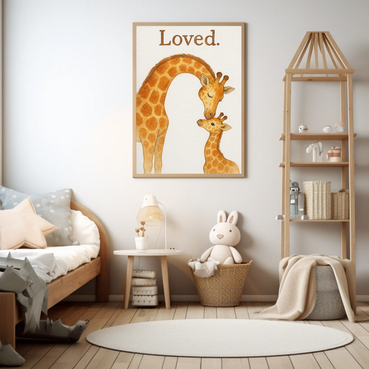 Loved Giraffe Family Watercolour Nursery Children's Room Wall Decor Print