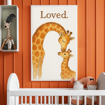 Loved Giraffe Family Watercolour Nursery Children's Room Wall Decor Print
