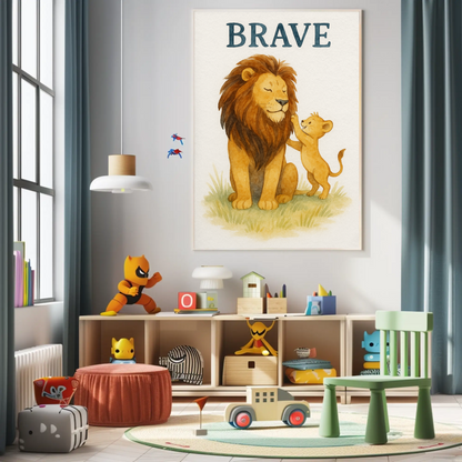 Brave Lion Family Safari Watercolour Nursery Children's Room Wall Decor Print