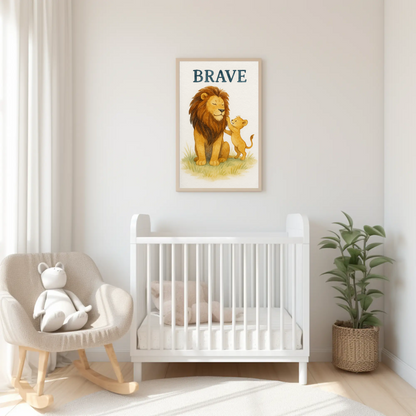 Brave Lion Family Safari Watercolour Nursery Children's Room Wall Decor Print