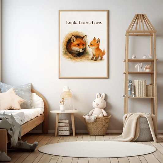 Look Learn Love Fox Family Woodland Watercolour Nursery Children's Room Wall Decor Print