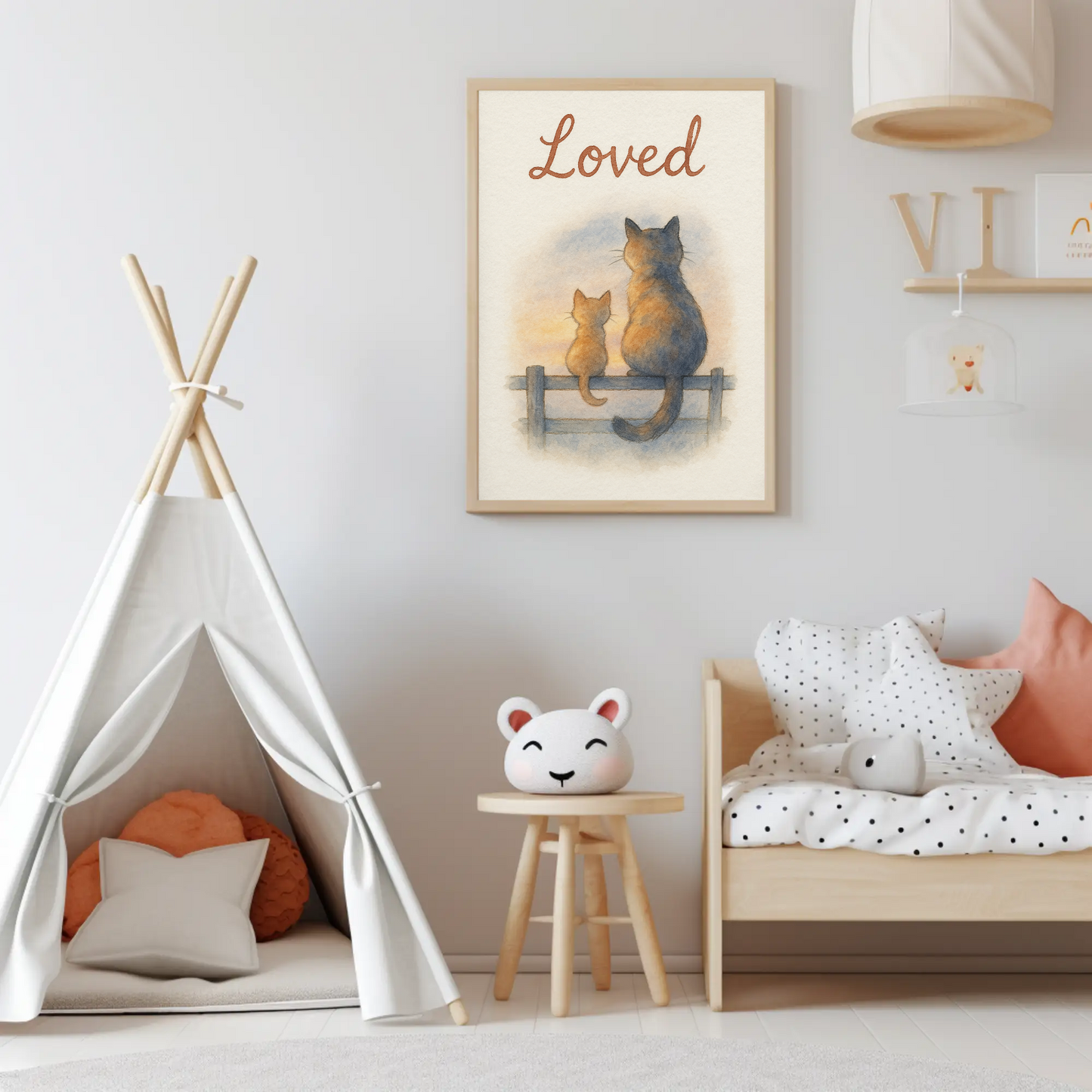 Loved Cat & Kitten Sitting On A Fence Nursery Children's Room Wall Decor Print