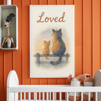 Loved Cat & Kitten Sitting On A Fence Nursery Children's Room Wall Decor Print