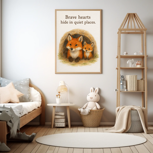 Brave Hearts Hide in Quiet Places Fox Family Watercolour Nursery Children's Room Wall Decor Print