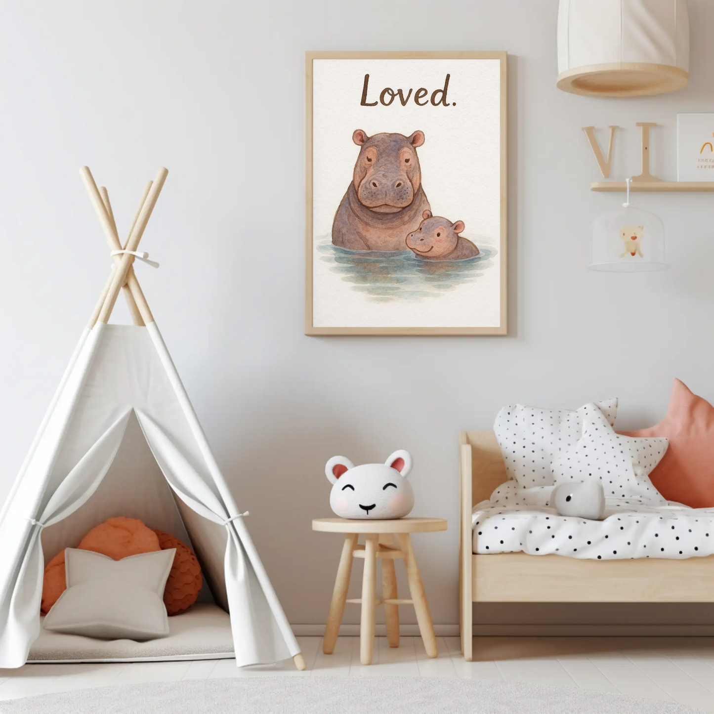 Loved Hippo Family Watercolour Nursery Children's Room Wall Decor Print