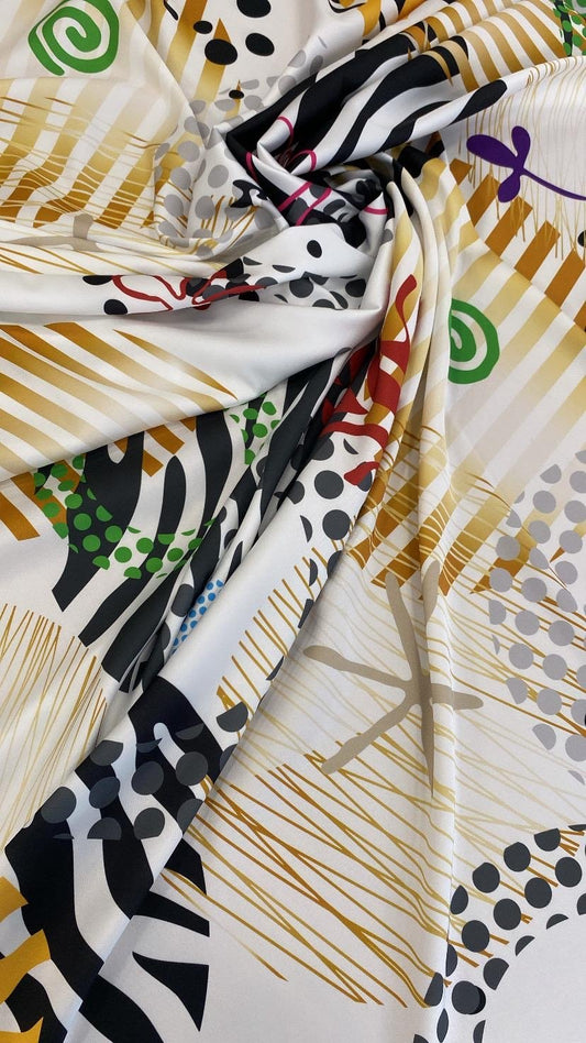 Modern Polka Dot, Stripe, and Swirl Design Fabric on White Base