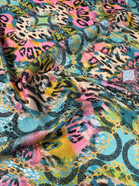 Multicolour Animal & Chain Print Sequin Fabric
