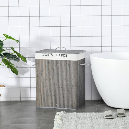 100L Two-Compartment Wooden Laundry Basket With Flip Lid And Handles ? Grey