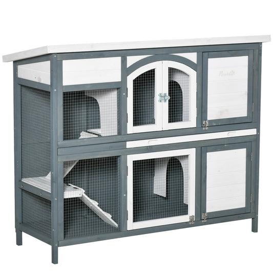 PawHut Two-Tier Wooden Rabbit Hutch Guinea Pig Cage w/ Openable Roof