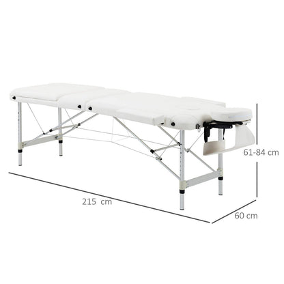 Homcom Folding PVC Leather Massage Table Aluminium Frame w/ Headrest Armrests Padding Handle Carry Bag Adjustable Height 3-Way Tri-Fold Salon Professional Bed Beauty White