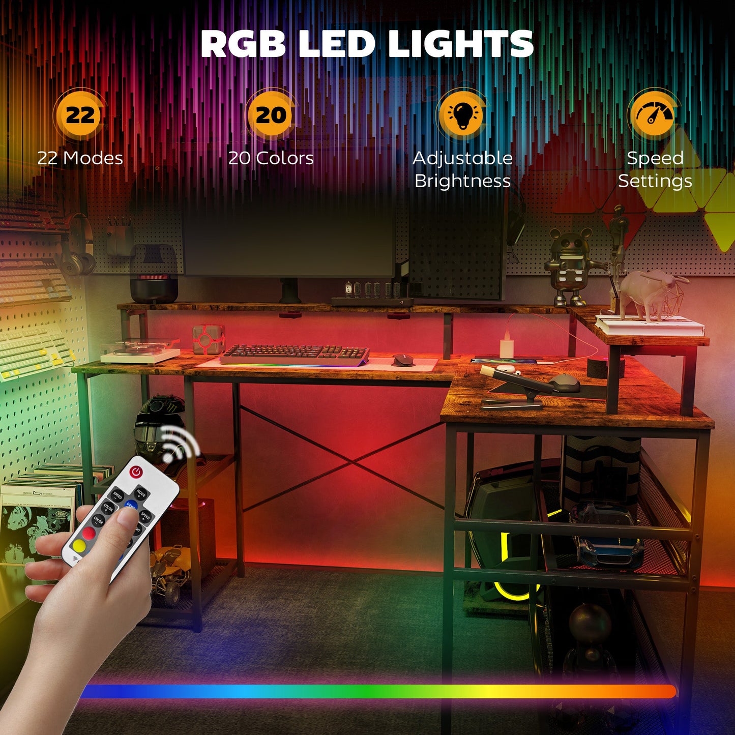 HOMCOM L Shaped Gaming Desk w/ LED Lights and Power Outlets for Small Space