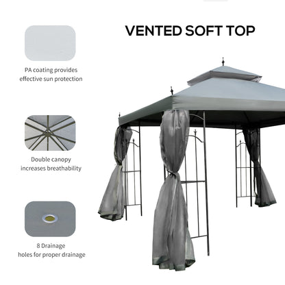 3 x 3(m) Garden Gazebo Double Top Gazebo Canopy w/ Curtains Grey Outsunny