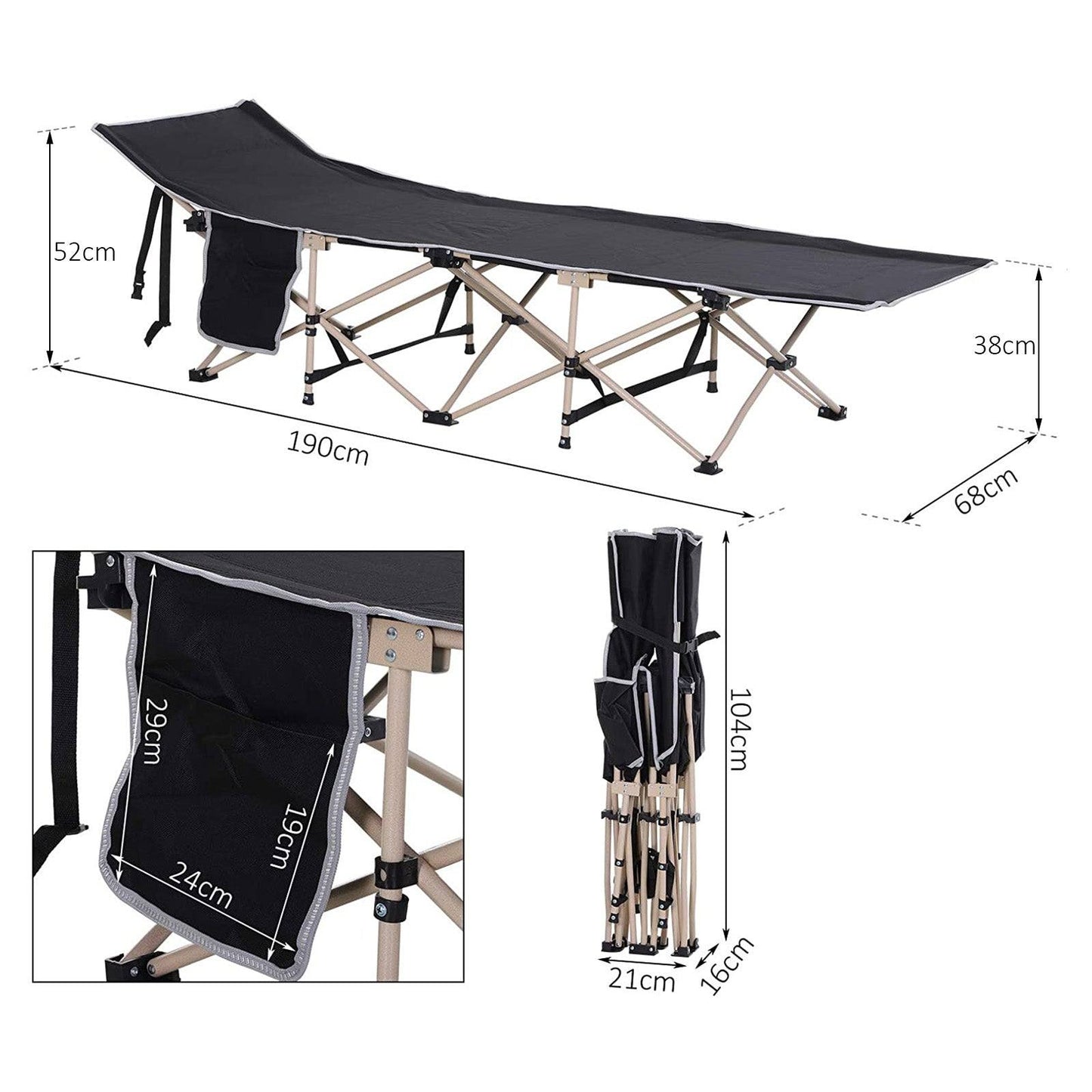 Single Person Camping Bed Folding Cot Outdoor Patio Portable Military Sleeping Bed Travel Guest Leisure Fishing With Side Pocket And Carry Bag - Black