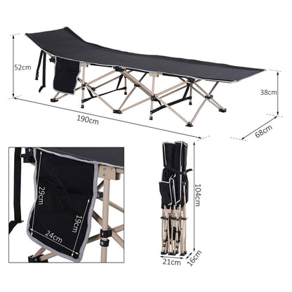Single Person Camping Bed Folding Cot Outdoor Patio Portable Military Sleeping Bed Travel Guest Leisure Fishing With Side Pocket And Carry Bag - Black
