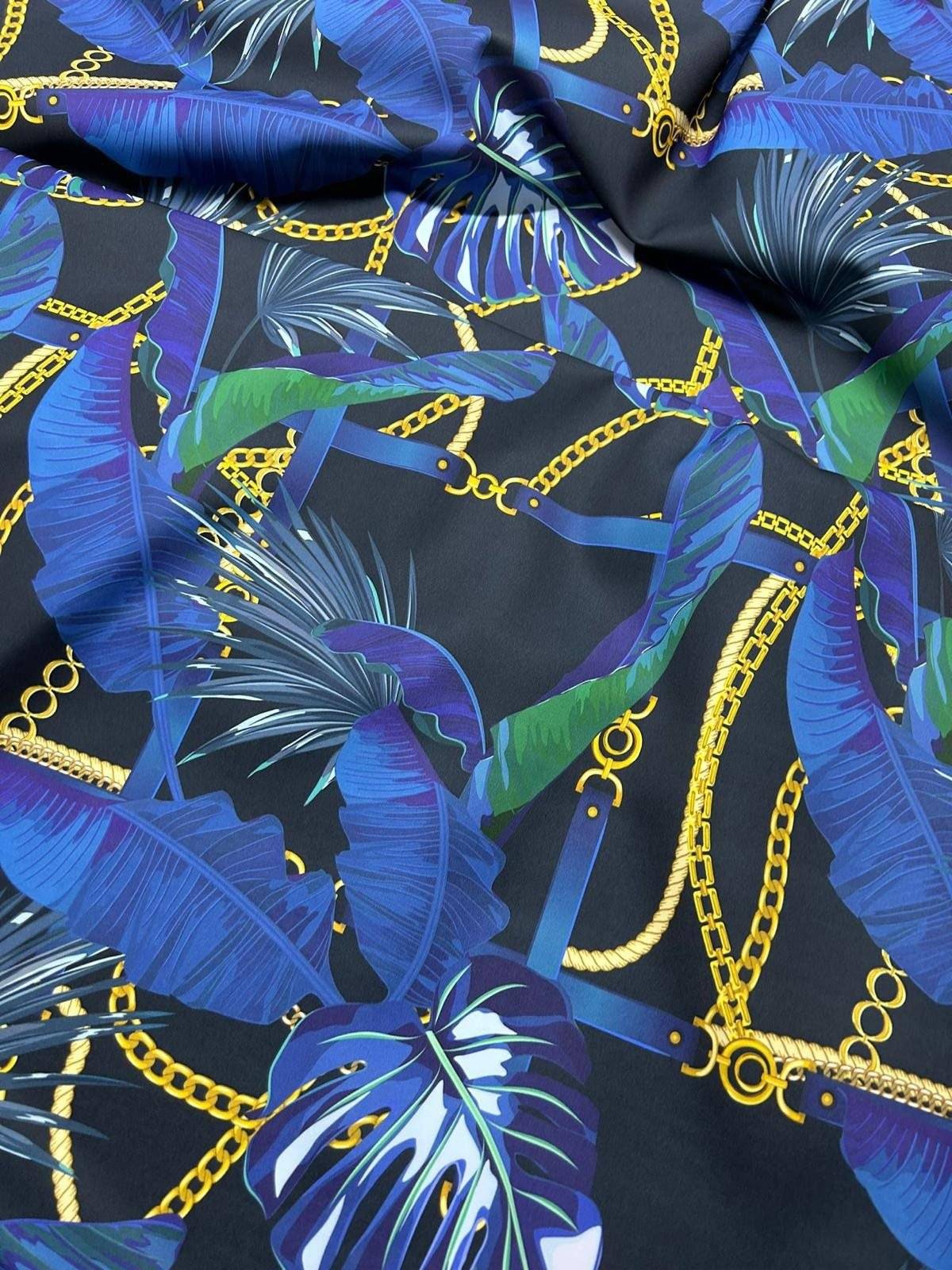 Navy Blue Leaf Chain Pattern Fabric by the Yard – Fabric by Metre, Options: Satin, Crepe, Spandex, Chiffon