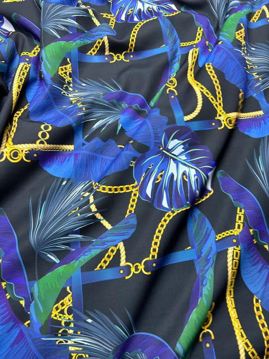 Navy Blue Leaf Chain Pattern Fabric by the Yard