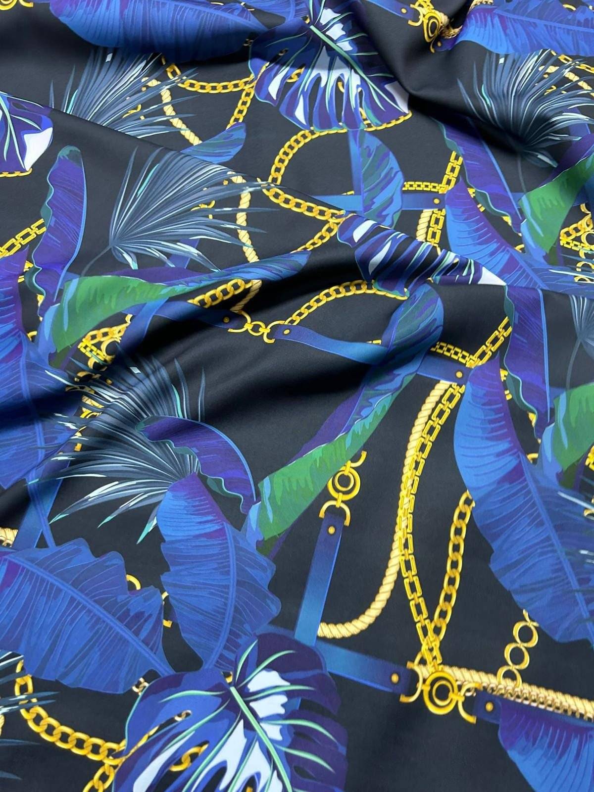Navy Blue Leaf Chain Pattern Fabric by the Yard – Fabric by Metre, Options: Satin, Crepe, Spandex, Chiffon