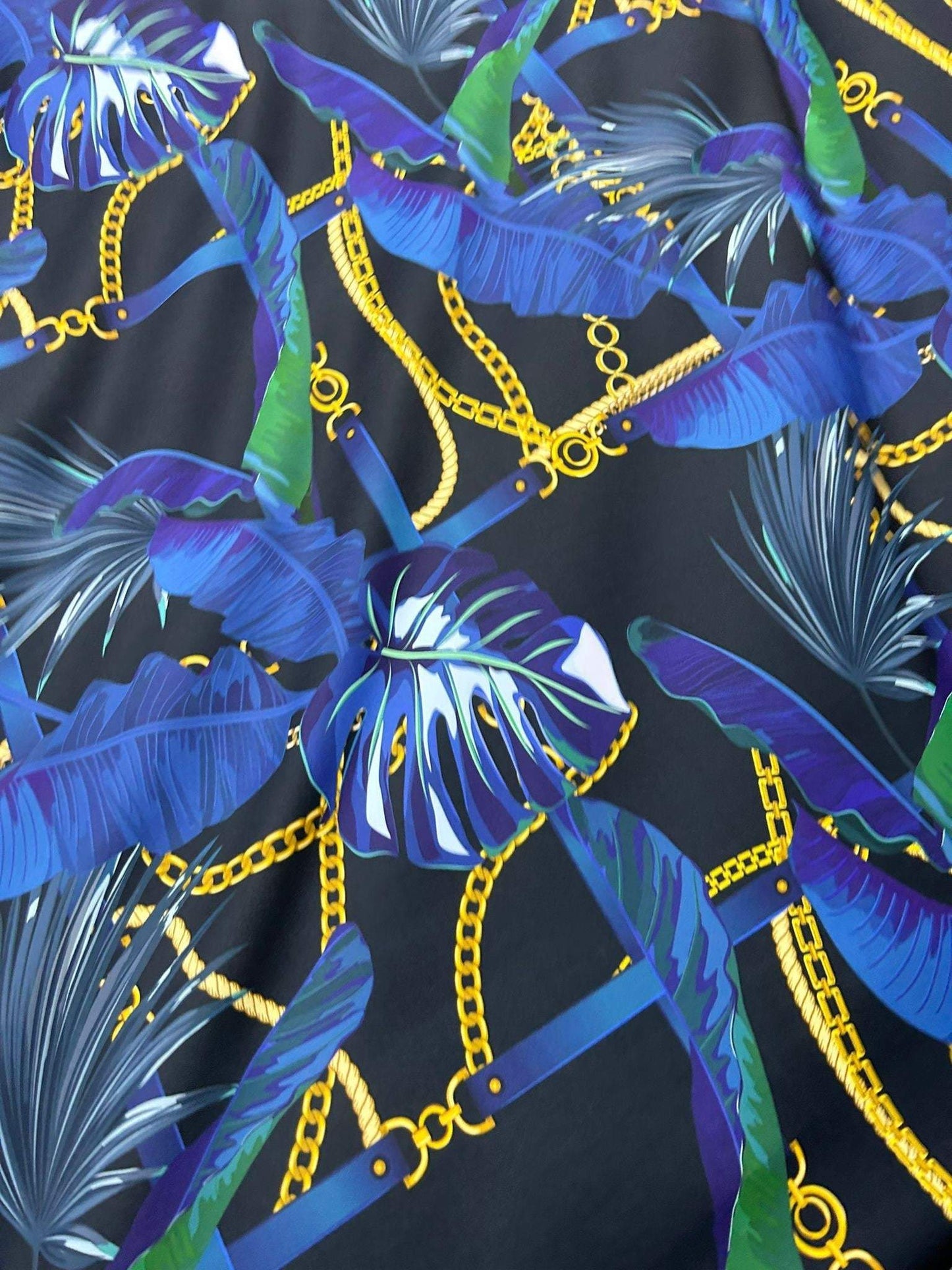 Navy Blue Leaf Chain Pattern Fabric by the Yard – Fabric by Metre, Options: Satin, Crepe, Spandex, Chiffon