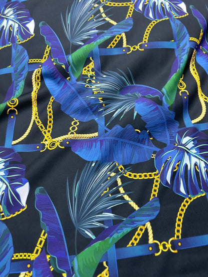 Navy Blue Leaf Chain Pattern Fabric by the Yard