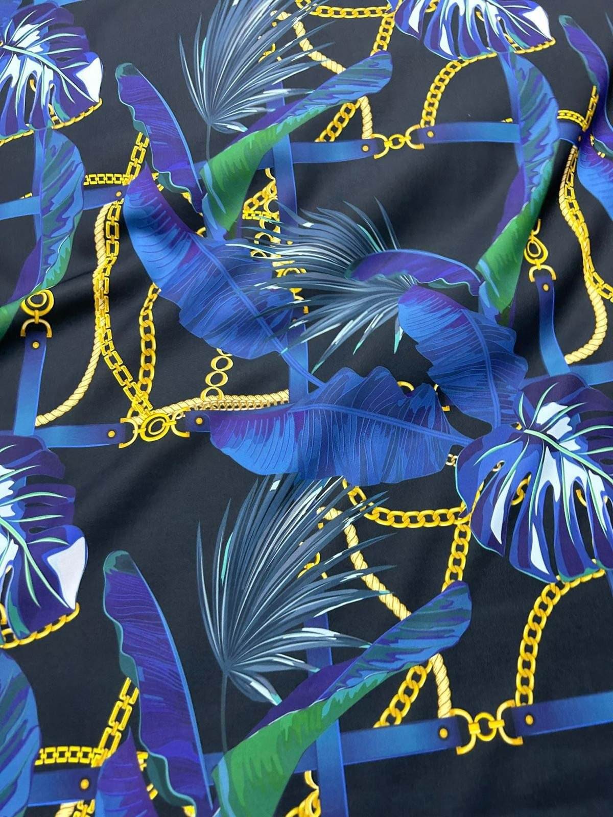 Navy Blue Leaf Chain Pattern Fabric by the Yard – Fabric by Metre, Options: Satin, Crepe, Spandex, Chiffon