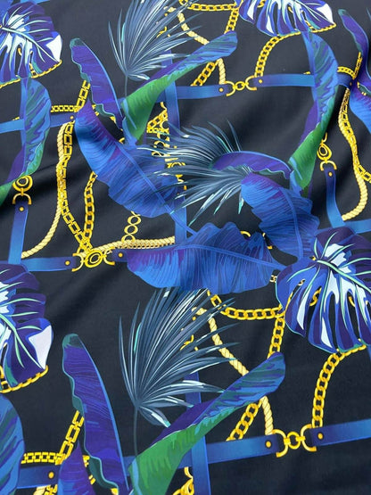 Navy Blue Leaf Chain Pattern Fabric by the Yard – Fabric by Metre, Options: Satin, Crepe, Spandex, Chiffon
