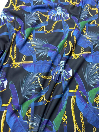 Navy Blue Leaf Chain Pattern Fabric by the Yard – Fabric by Metre, Options: Satin, Crepe, Spandex, Chiffon