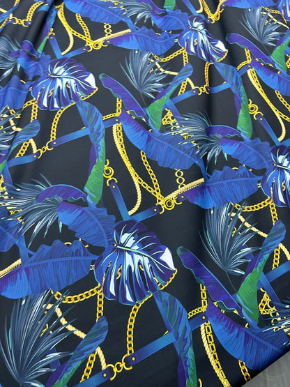 Navy Blue Leaf Chain Pattern Fabric by the Yard