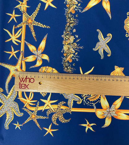 Navy Blue Sea Shell Pattern Luxury Fabric – Custom Printed Fabric, Choose Material by Metre