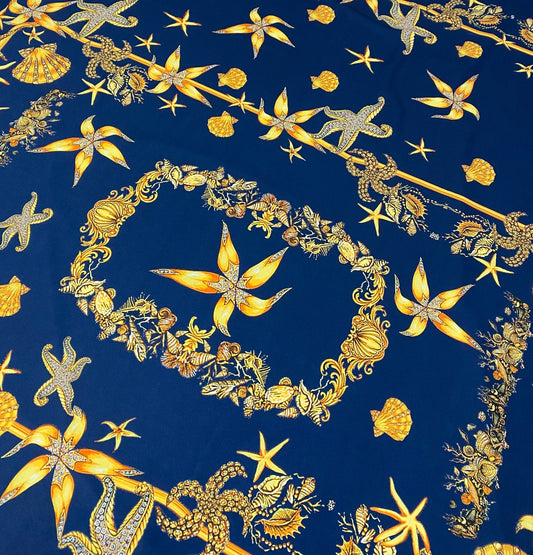 Navy Blue Sea Shell Pattern Luxury Fabric – Custom Printed Fabric, Choose Material by Metre