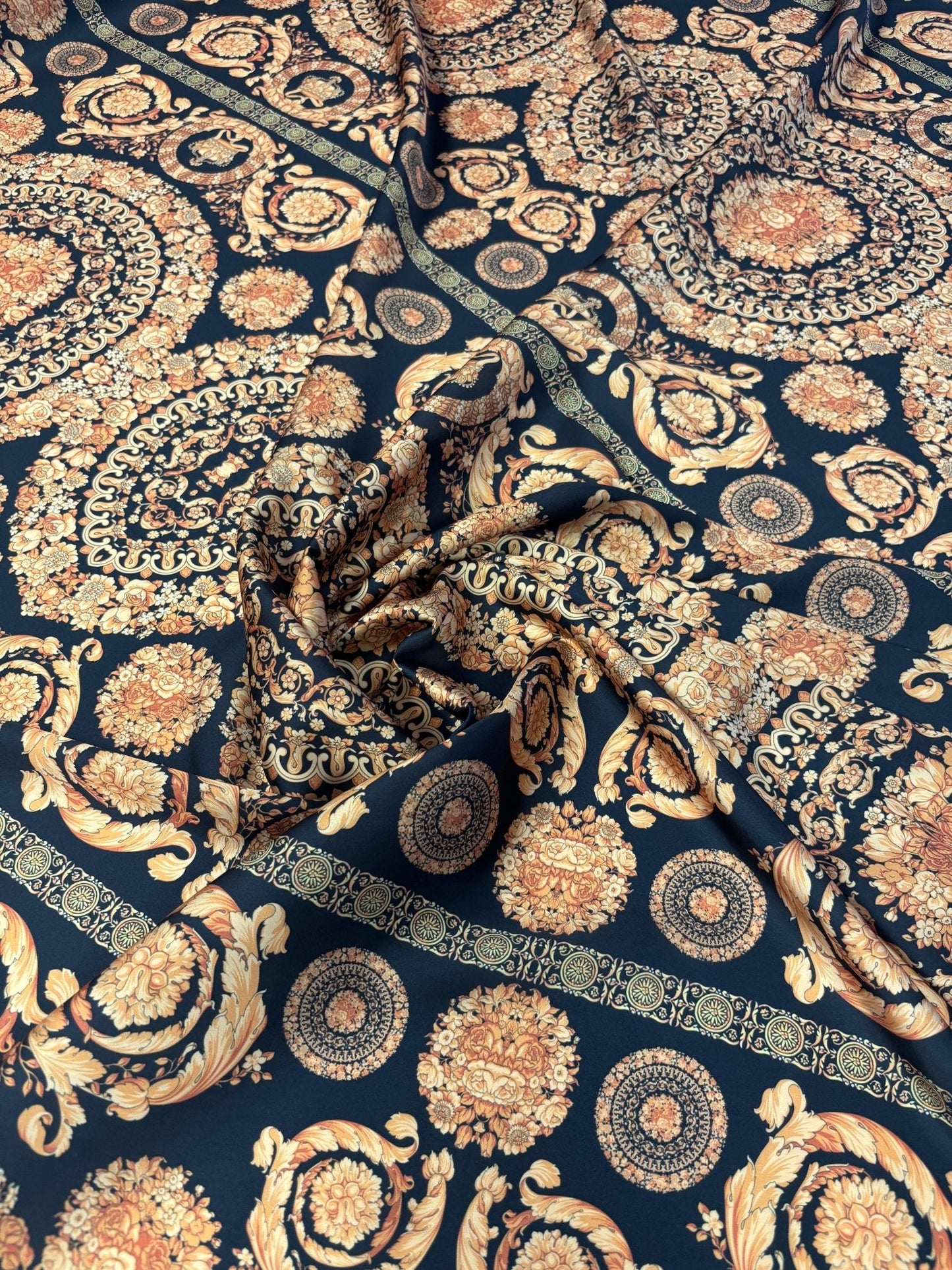 Navy Satin Fabric by the Metre – Baroque Floral Medallion