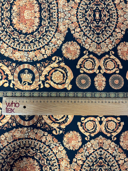 Navy Satin Fabric by the Metre – Baroque Floral Medallion