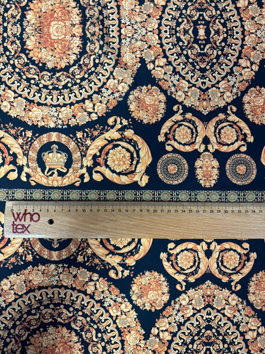 Navy Satin Fabric by the Metre – Baroque Floral Medallion