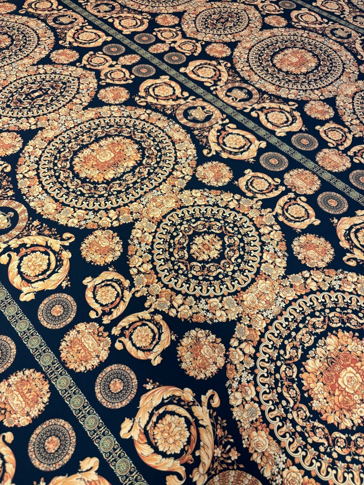 Navy Satin Fabric by the Metre – Baroque Floral Medallion