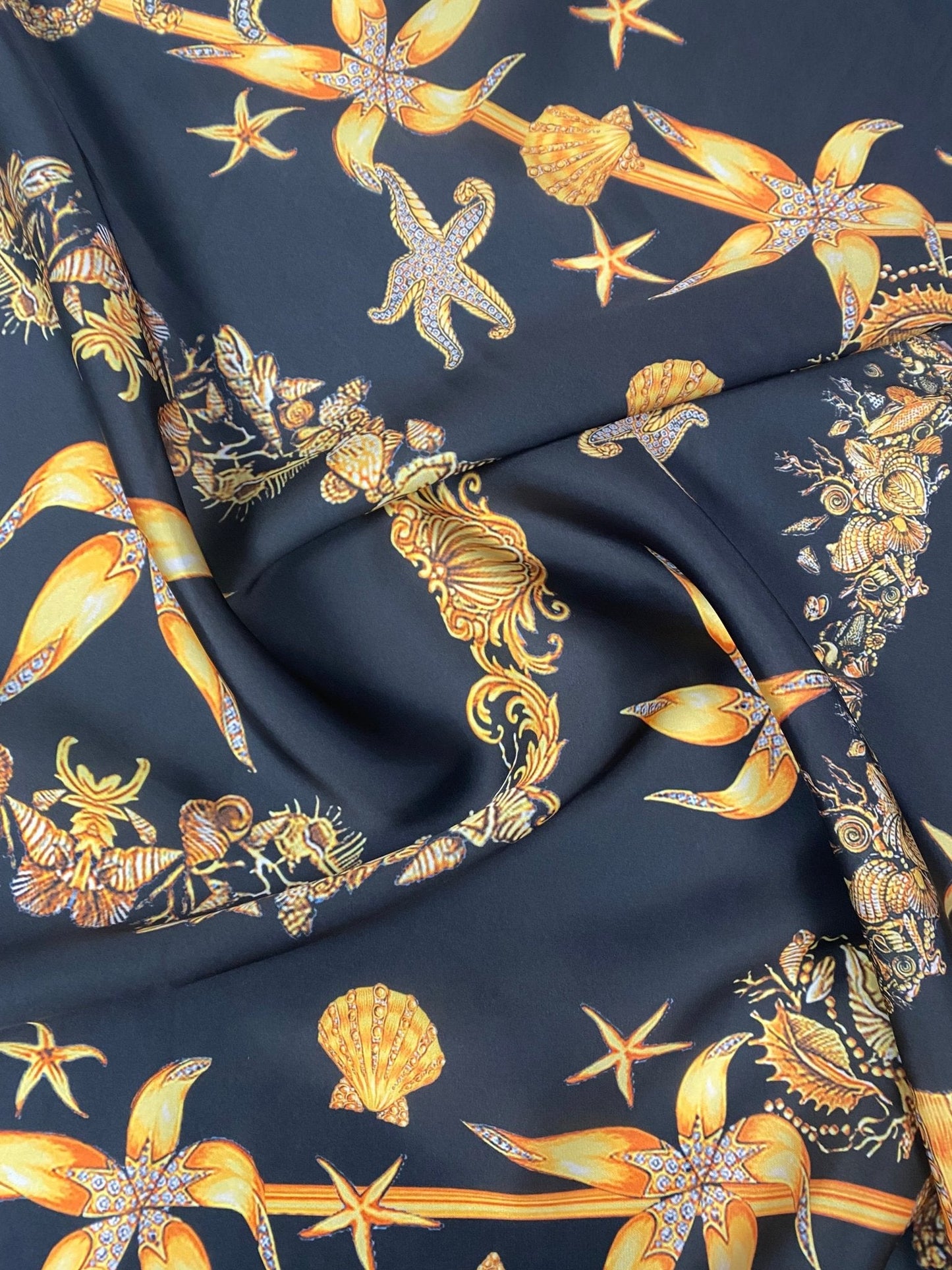 Navy Satin Fabric with Starfish & Seashell Print
