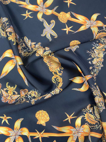 Navy Satin Fabric with Starfish & Seashell Print
