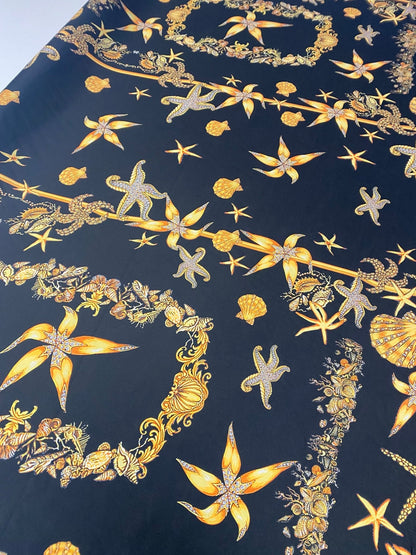 Navy Satin Fabric with Starfish & Seashell Print