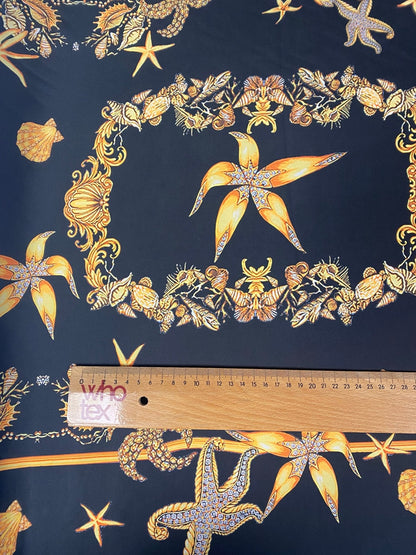 Navy Satin Fabric with Starfish & Seashell Print